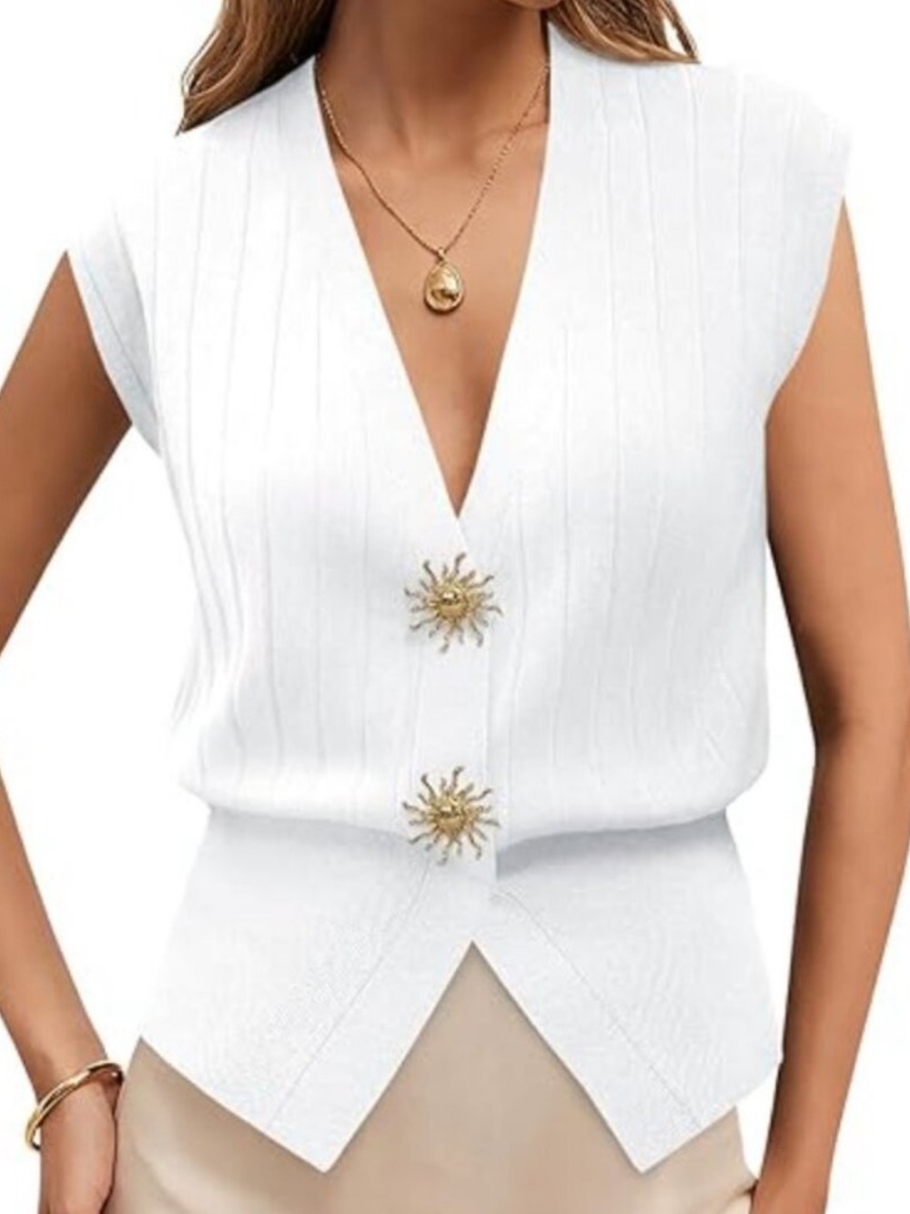 Sleeveless V-Neck Ribbed Knit Button Front Sweater Vest Pullover